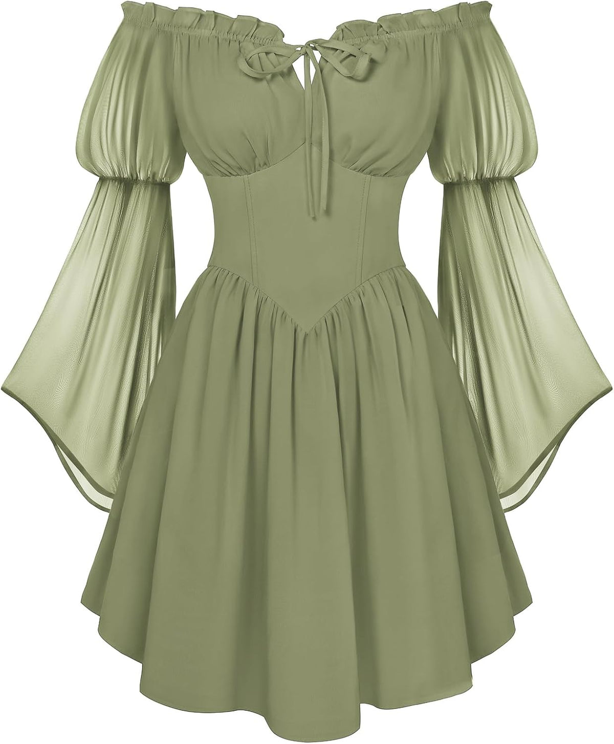 Off-Shoulder Bell-Sleeve Renaissance Dress with Pockets in Olive