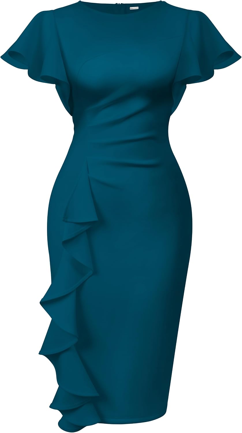 Ruffle-Sleeve Ruched Sheath Midi Dress in Peacock Blue
