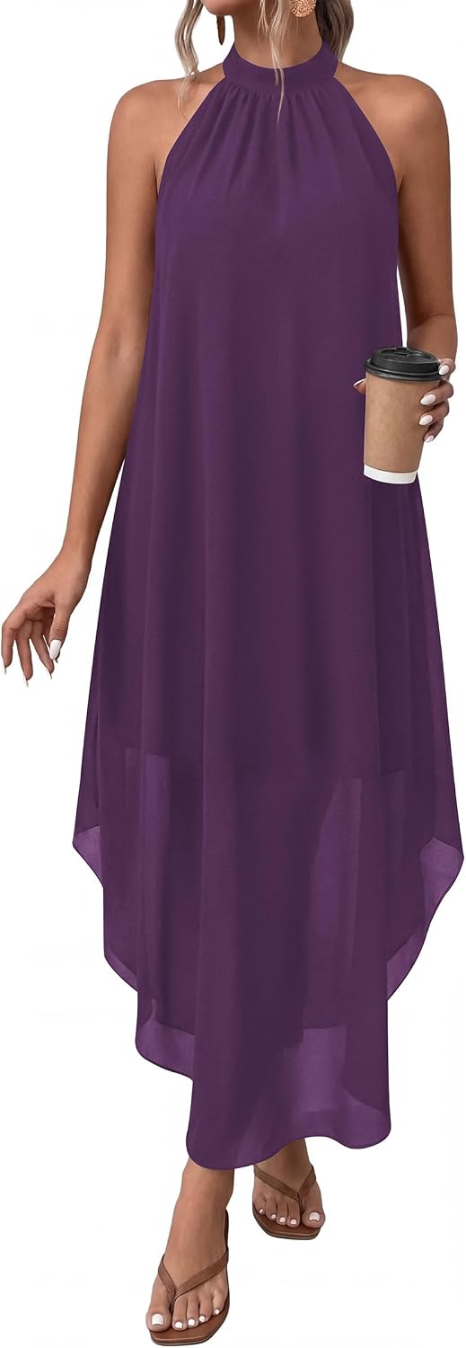 Halter Asymmetric-Hem Flowy Maxi Dress with Pockets in Purple