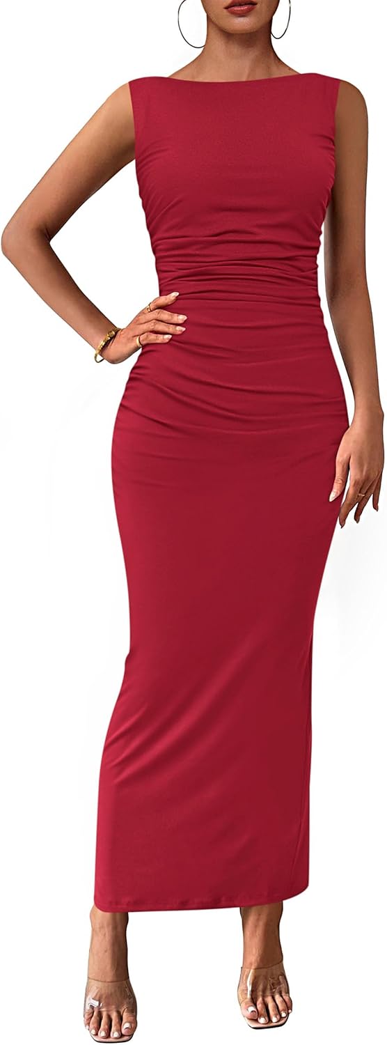 Boat-Neck Ruched Bodycon Midi Dress with Back Slit in Wine Red