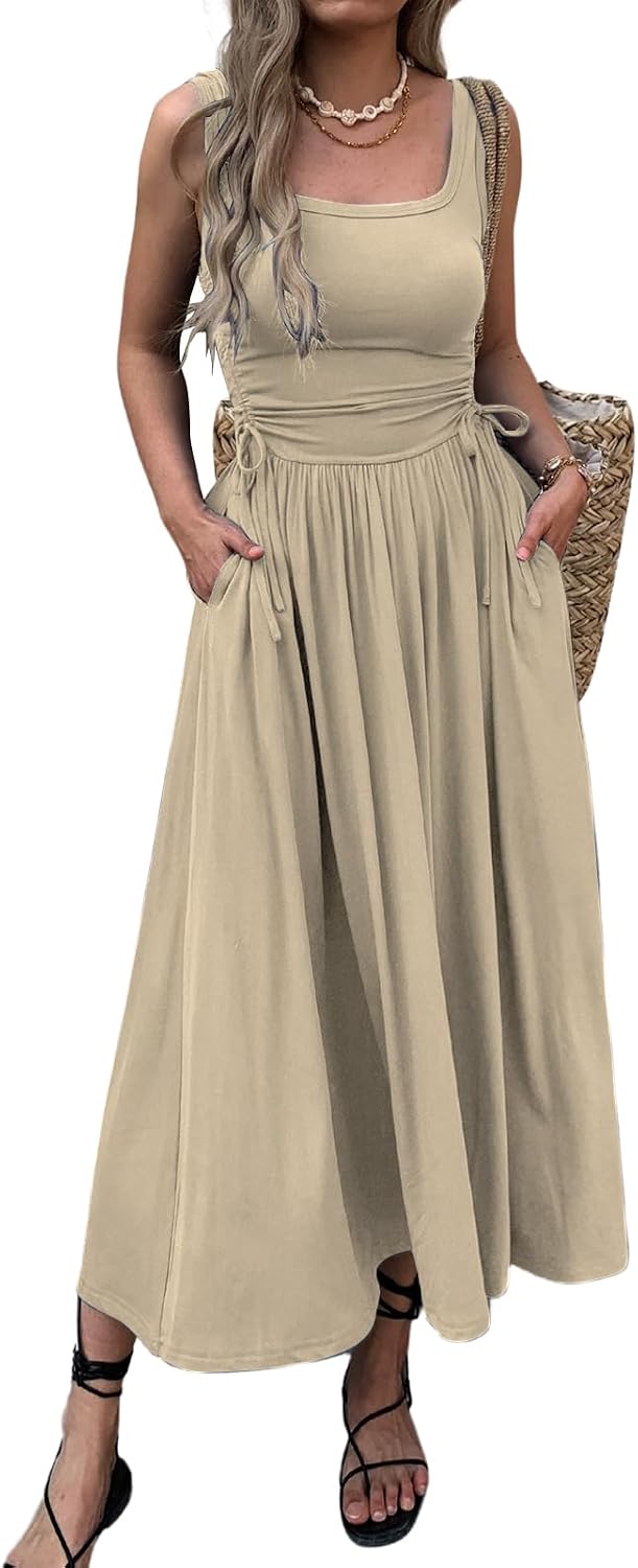 Ruched Adjustable-Waist Sleeveless Maxi Dress with Pockets in Khaki