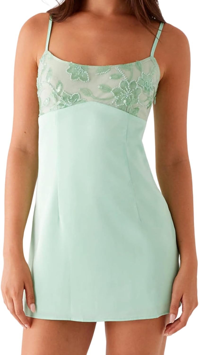 Sequin Spaghetti-Strap Backless Mini Dress in Green