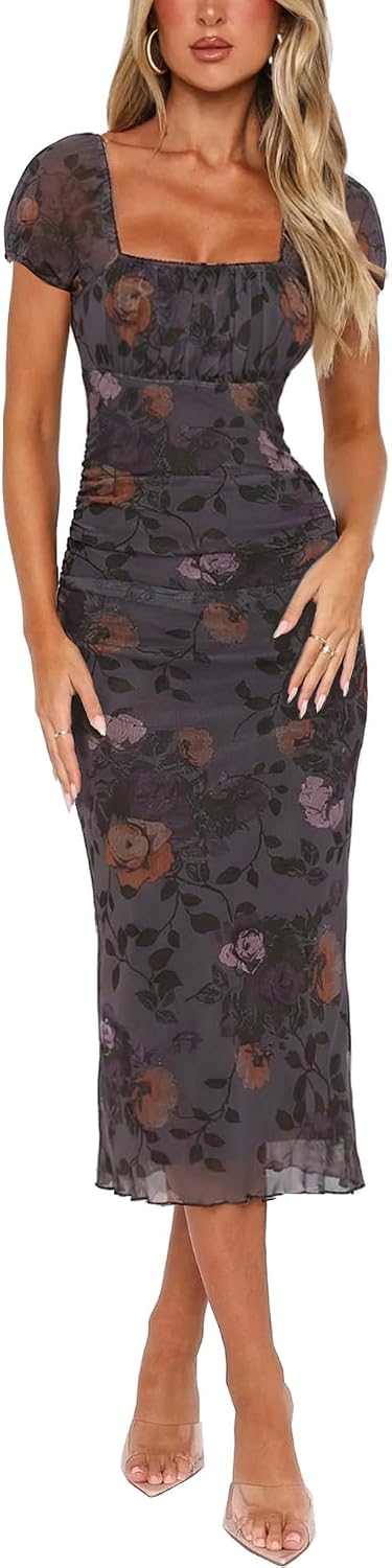 Floral Square-Neck Ruched Mesh Midi Dress in Dark Purple Floral