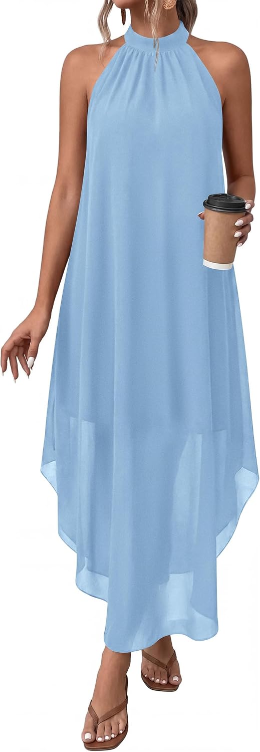 Halter Asymmetric-Hem Flowy Maxi Dress with Pockets in Light Blue