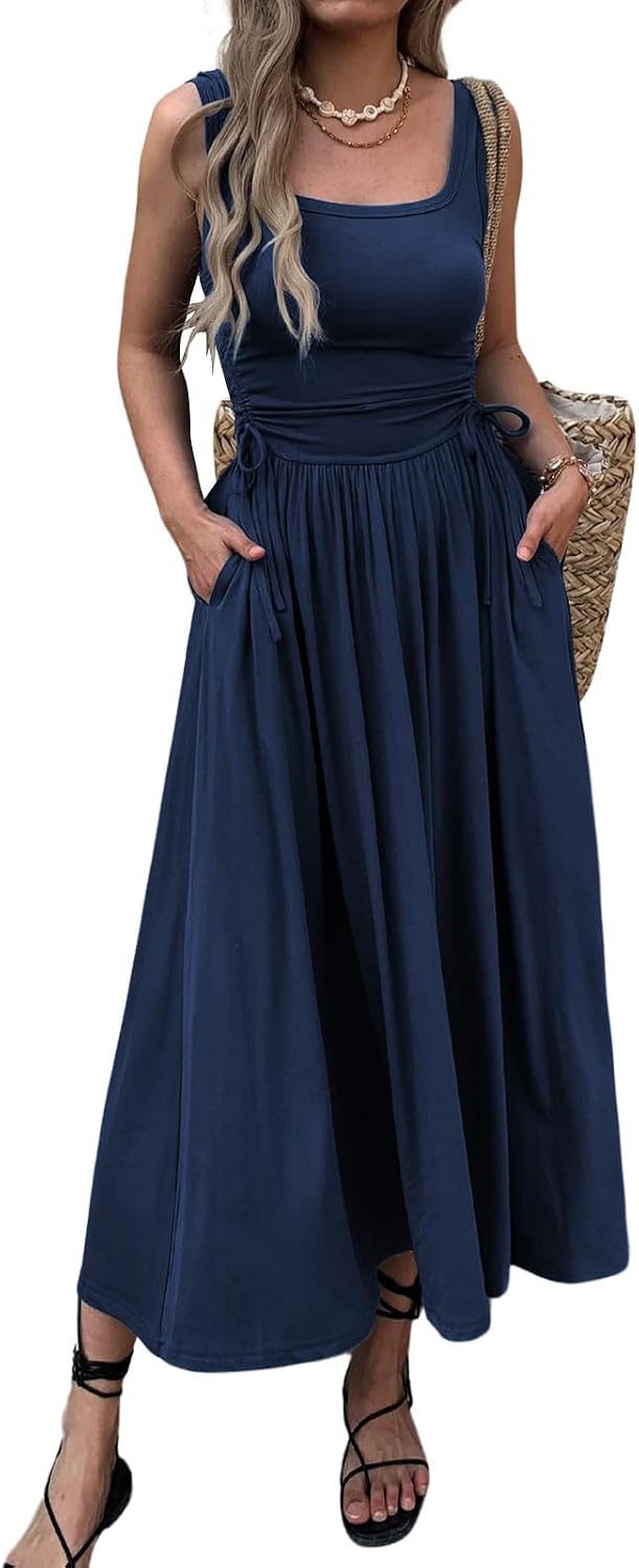 Ruched Adjustable-Waist Sleeveless Maxi Dress with Pockets in Navy
