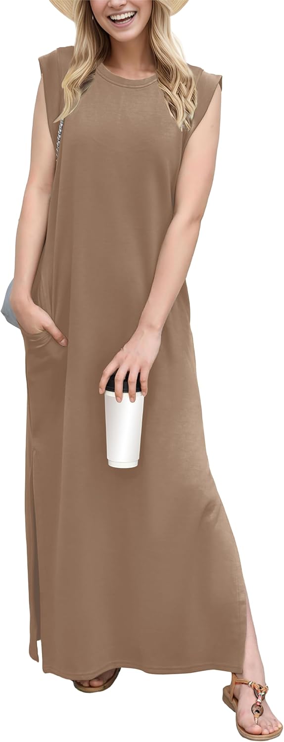 Crew-Neck Loose Maxi Dress with Side Slits and Pockets in Light Coffee