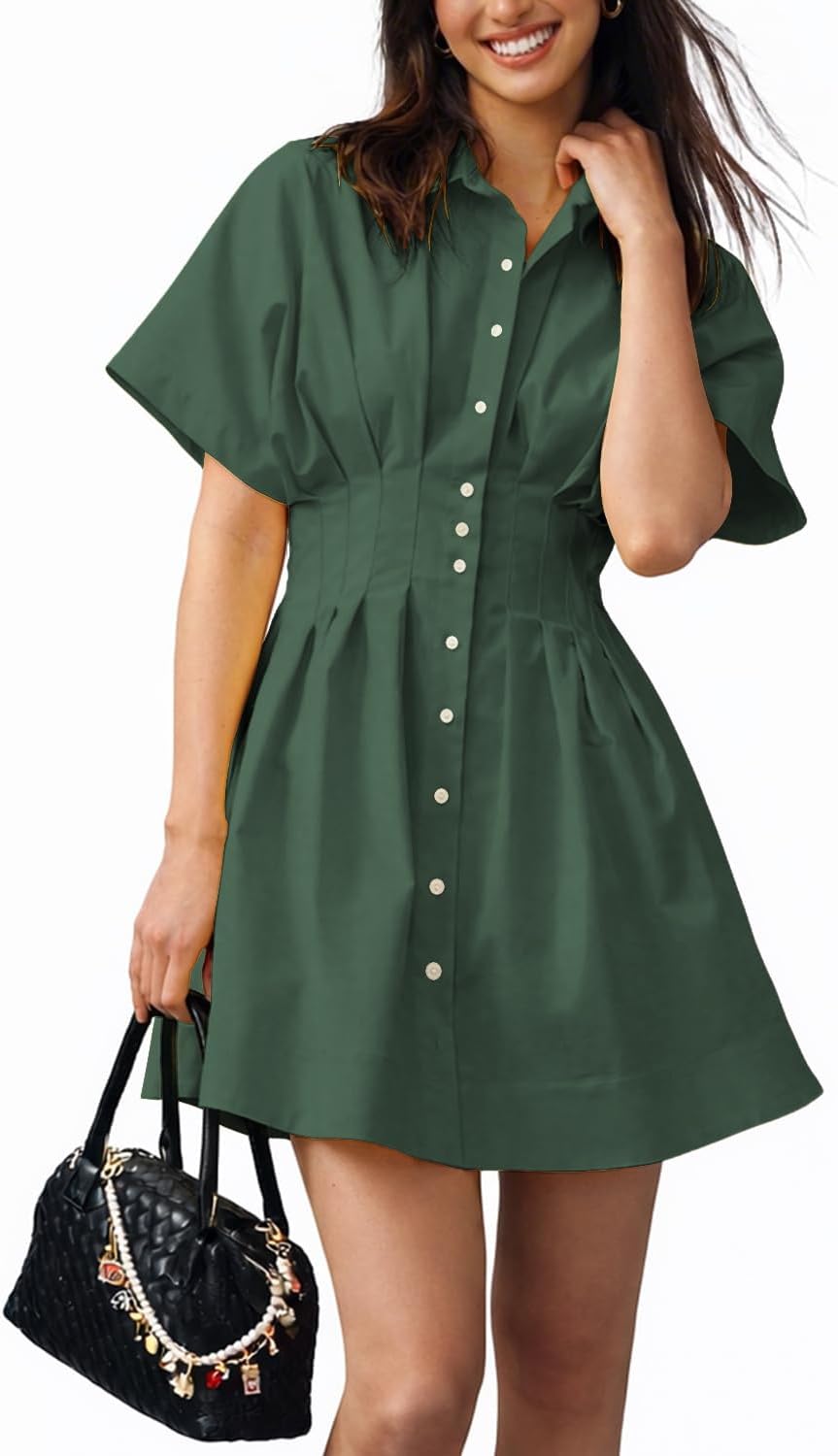 Collared Button-Down Mini Shirt Dress in Avocado Green