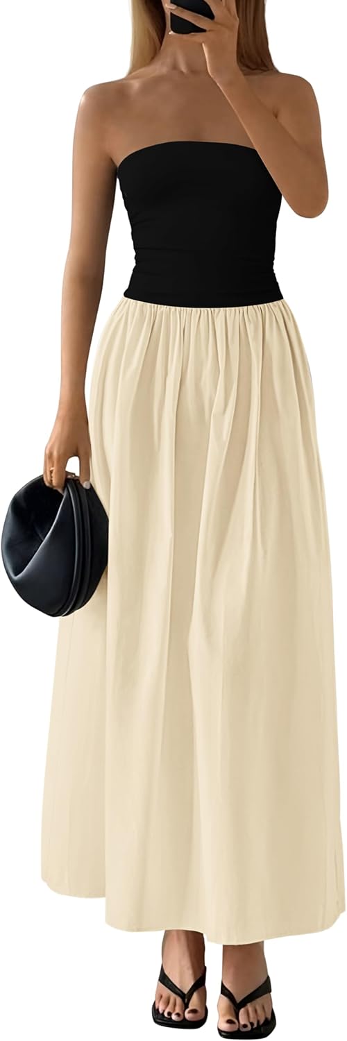 Strapless Tube A-Line Maxi Dress in Black Apricot