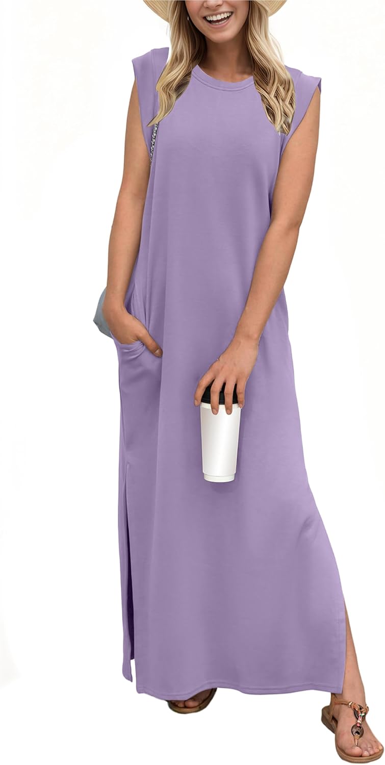 Crew-Neck Loose Maxi Dress with Side Slits and Pockets in Lilac