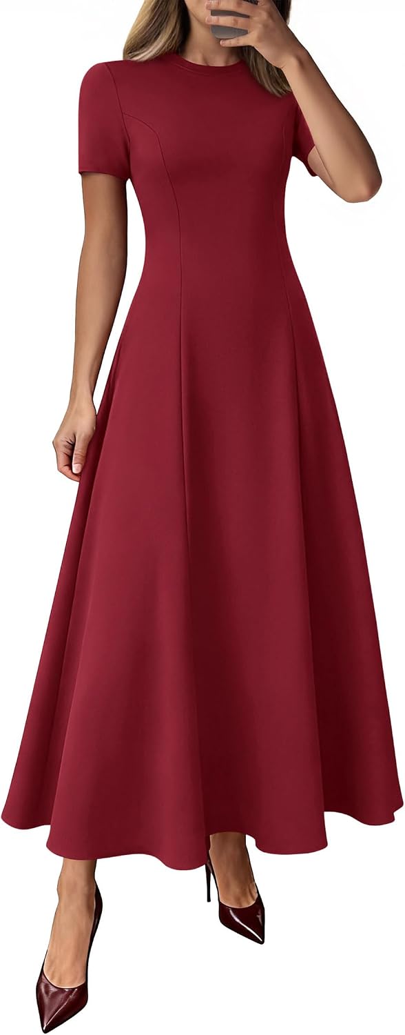 Crew-Neck Pleated Short-Sleeve Maxi Dress in Burgundy