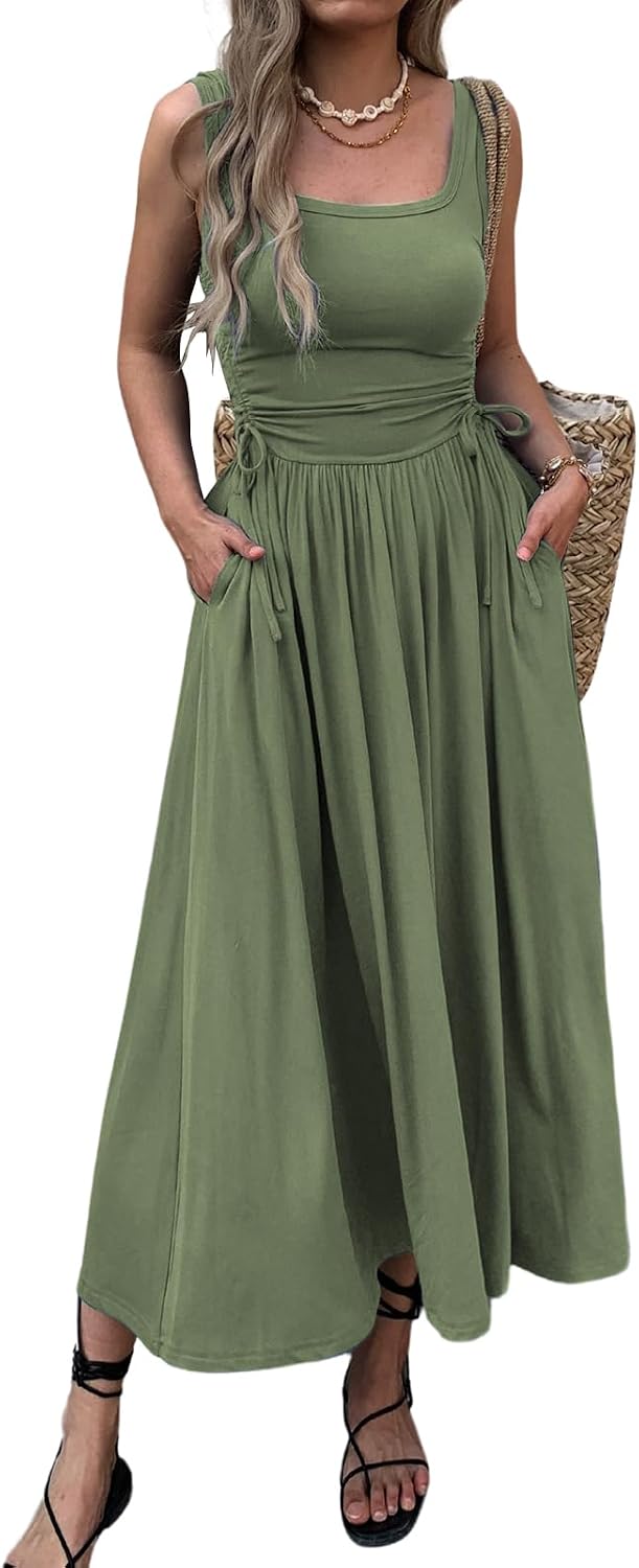 Ruched Adjustable-Waist Sleeveless Maxi Dress with Pockets in Green
