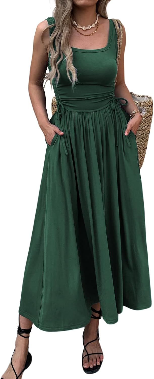 Ruched Adjustable-Waist Sleeveless Maxi Dress with Pockets in Army Green