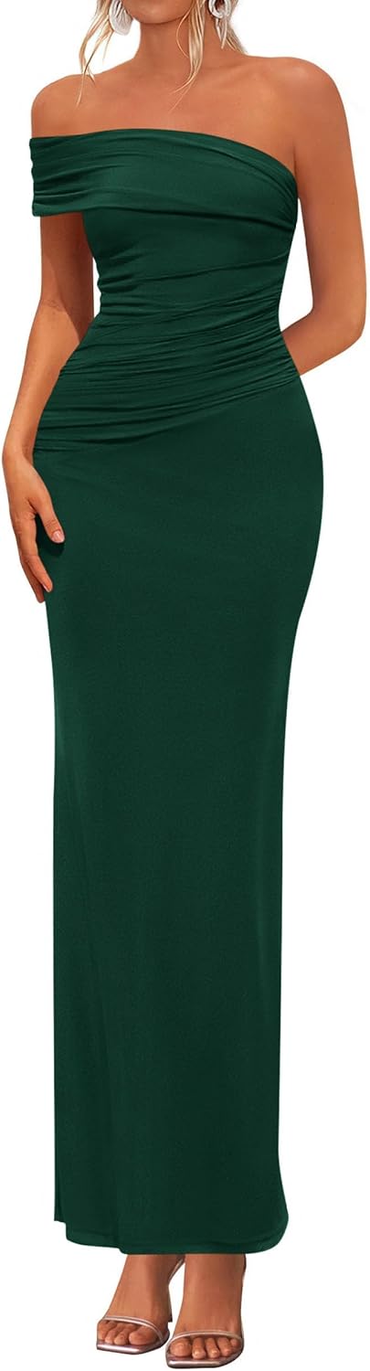 One-Shoulder Ruched Bodycon Maxi Dress in Dark Green