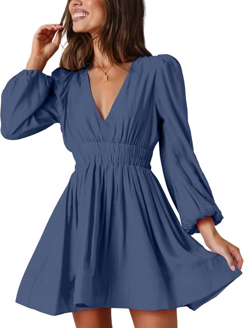 Deep-V Long-Sleeve A-Line Mini Dress in Grey Blue