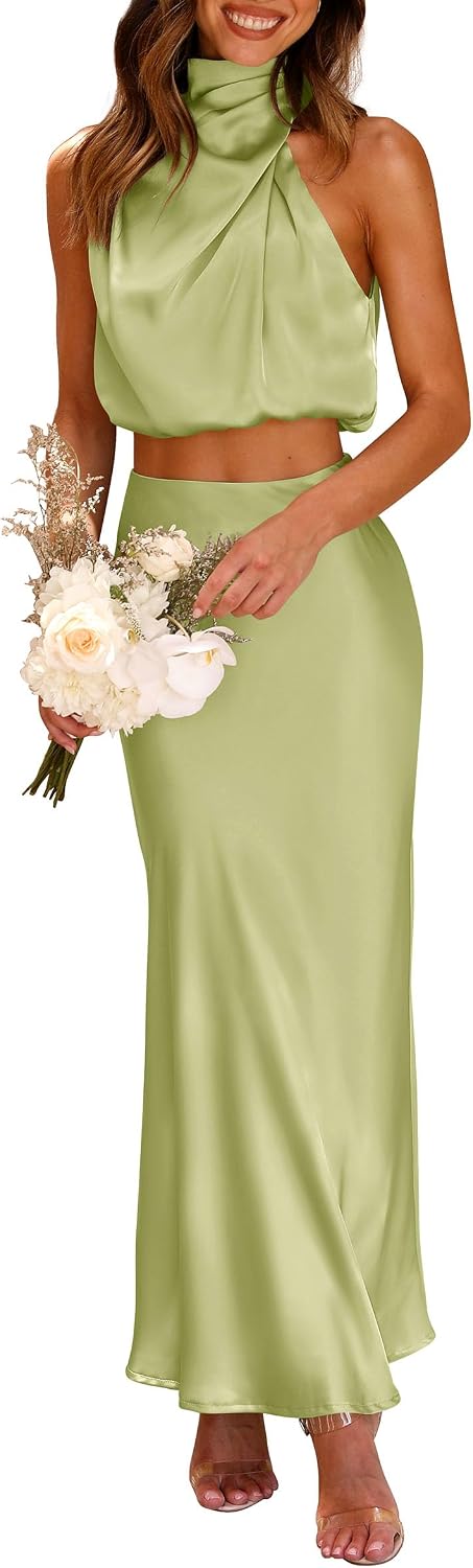 Satin Mock-Neck Crop Top and Maxi Skirt Set in Light Green