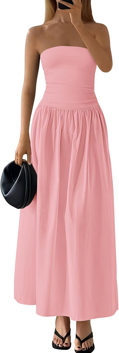 Strapless Tube A-Line Maxi Dress in Pink