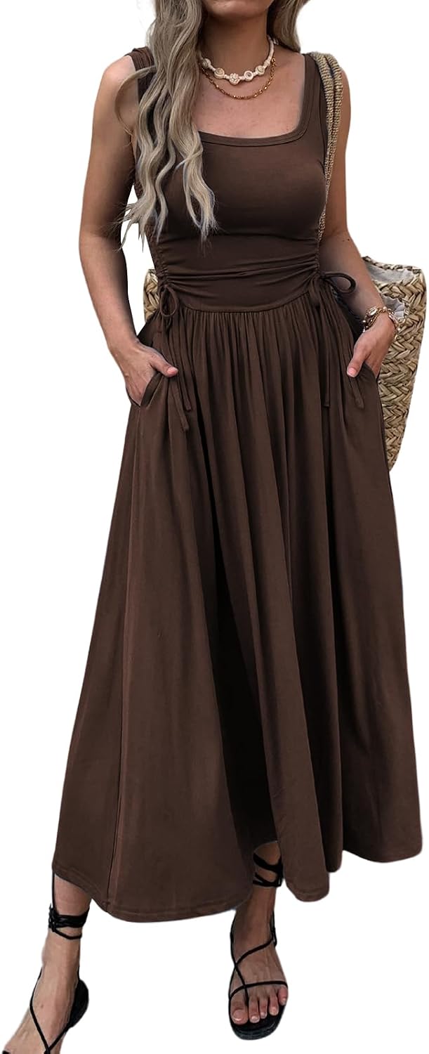 Ruched Adjustable-Waist Sleeveless Maxi Dress with Pockets in Brown