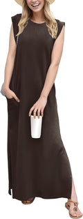Crew-Neck Loose Maxi Dress with Side Slits and Pockets in Dark Coffee