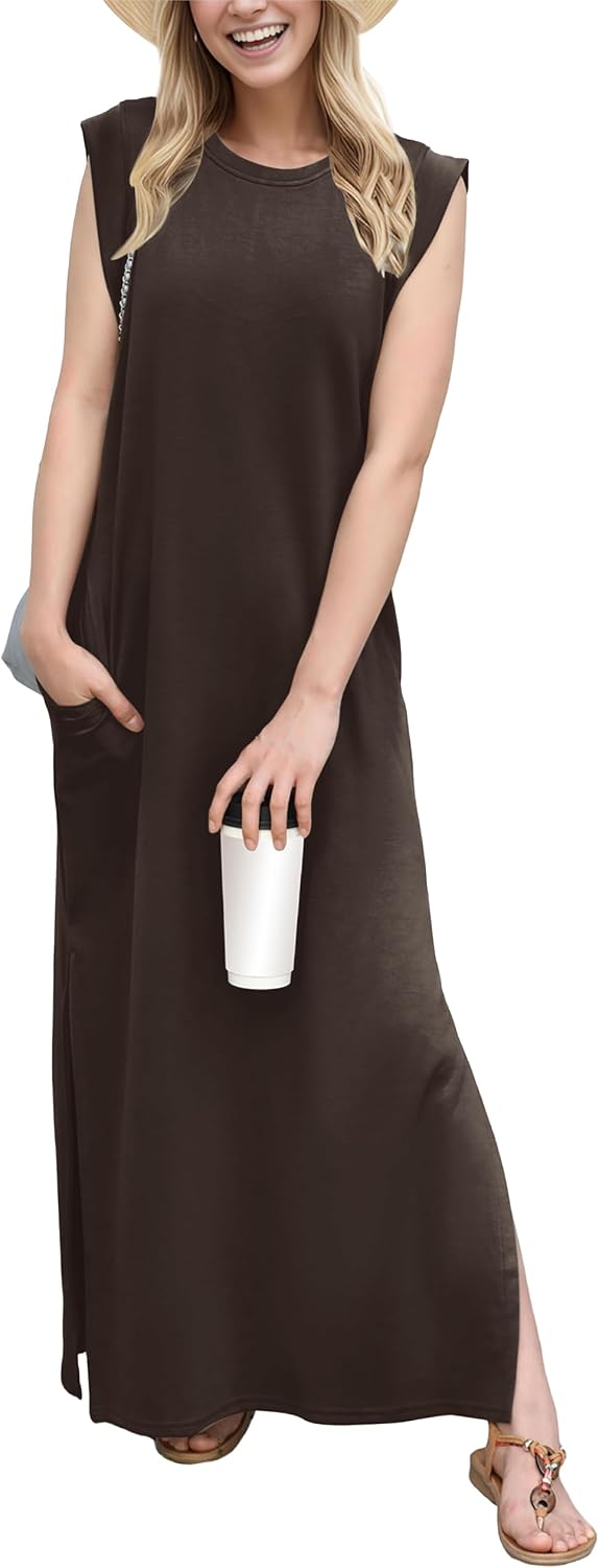 Crew-Neck Loose Maxi Dress with Side Slits and Pockets in Dark Coffee