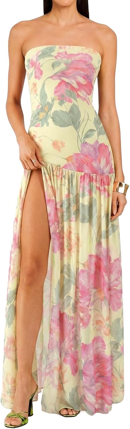 Tiger-Stripe Mesh Strapless Maxi Dress with Slit in Pink Floral