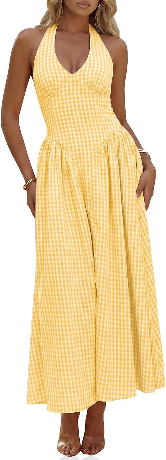Plaid Halter Corset Maxi Dress with Pockets in Yellow