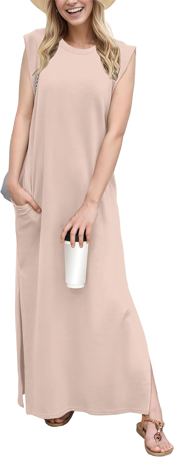 Crew-Neck Loose Maxi Dress with Side Slits and Pockets in Rose Pink