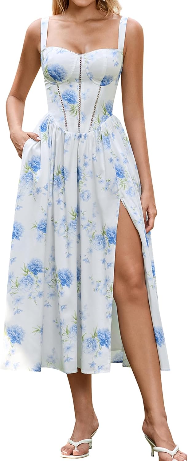 Floral Corset Midi Dress with Slit and Pockets