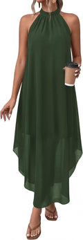 Halter Asymmetric-Hem Flowy Maxi Dress with Pockets in Army Green