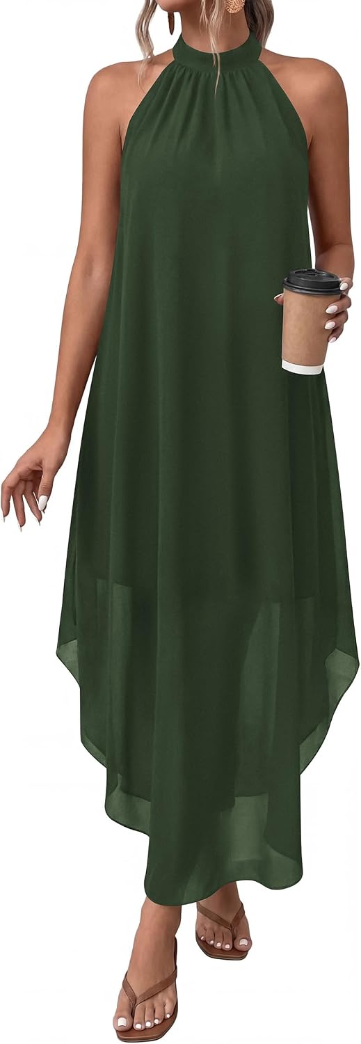 Halter Asymmetric-Hem Flowy Maxi Dress with Pockets in Army Green