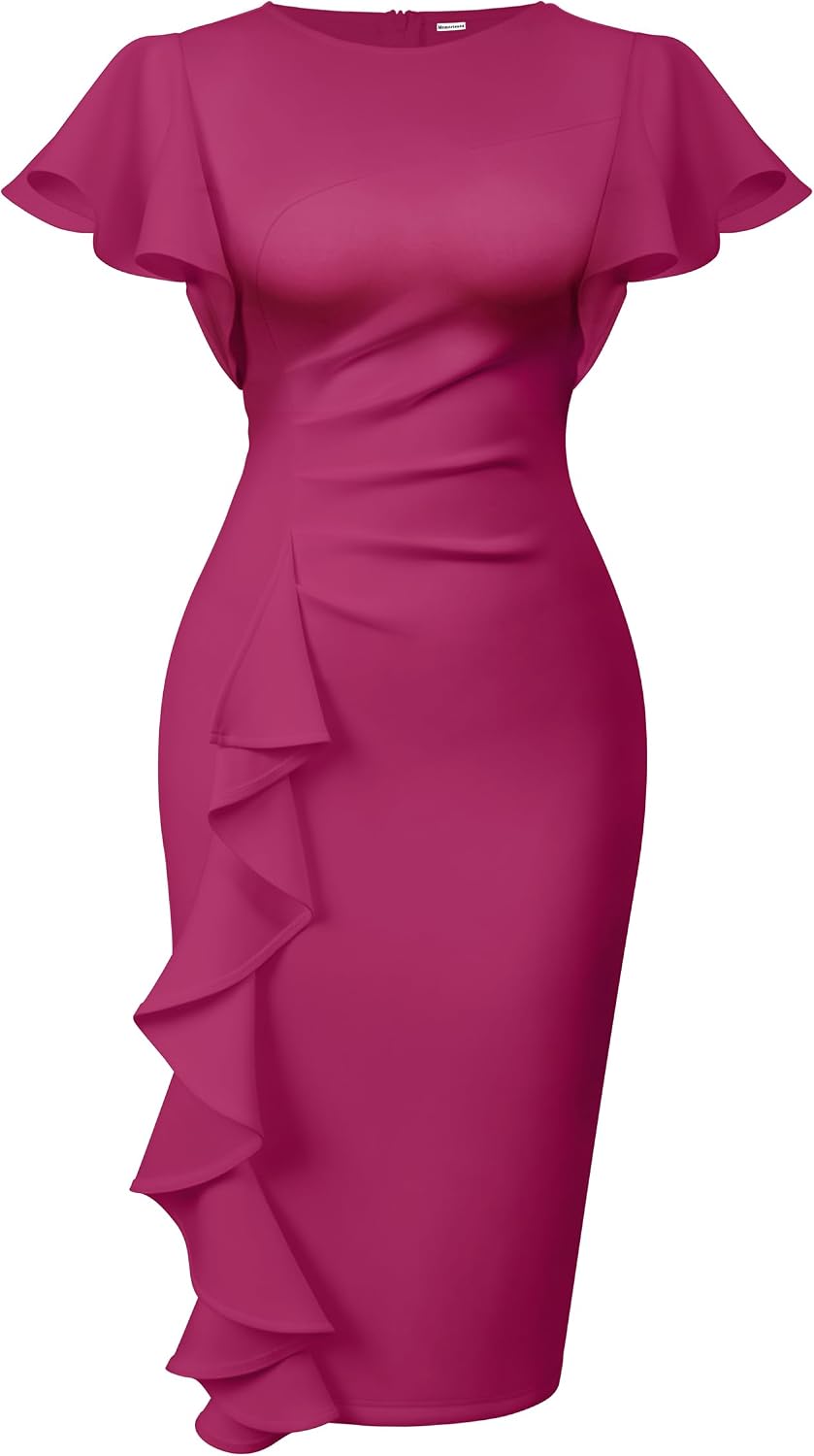 Ruffle-Sleeve Ruched Sheath Midi Dress in Rose Red