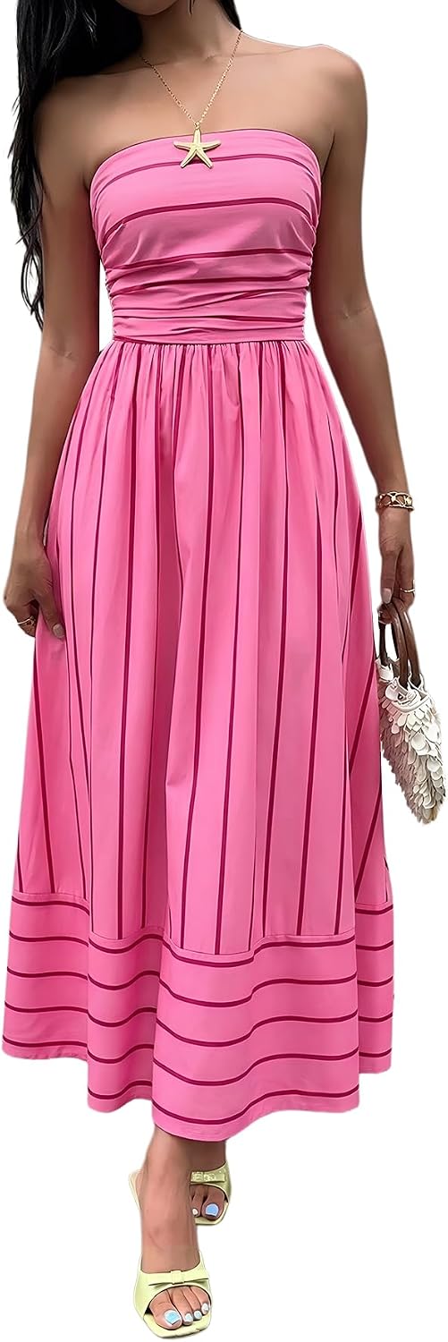 Striped Strapless A-Line Maxi Dress with Pockets in Pink