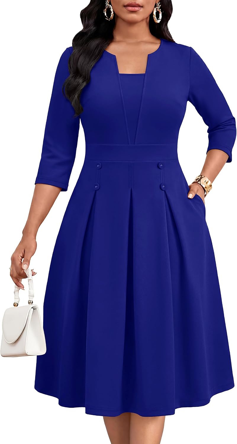 Three-Quarter-Sleeve Fit-and-Flare Midi Dress with Pockets in Blue