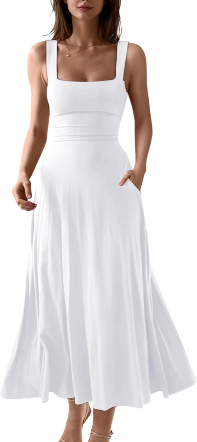 Square-Neck Corset A-Line Maxi Dress with Pockets in White