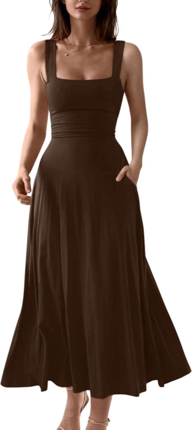 Square-Neck Corset A-Line Maxi Dress with Pockets in Brown