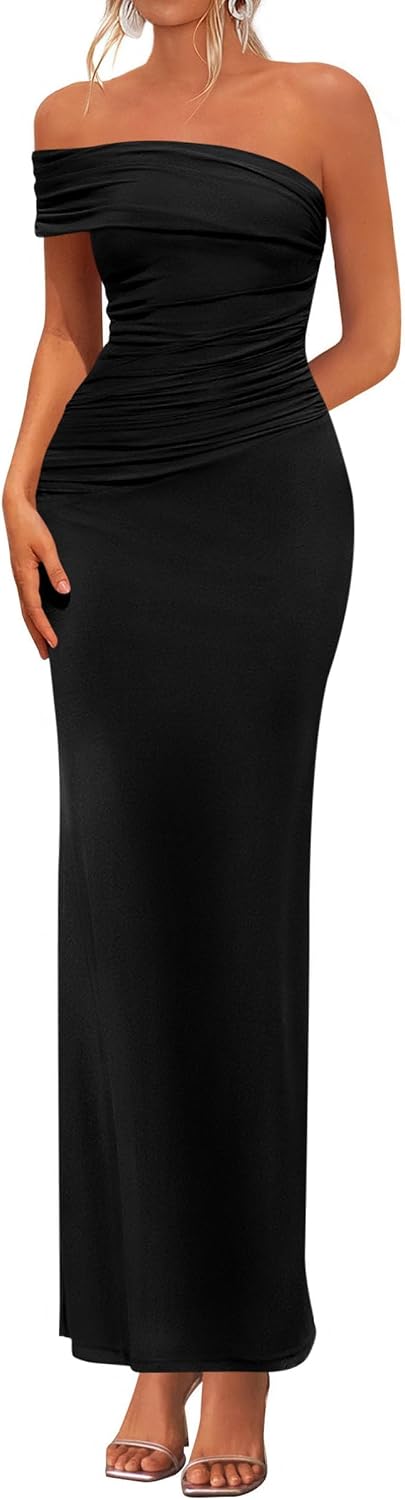 One-Shoulder Ruched Bodycon Maxi Dress in Black