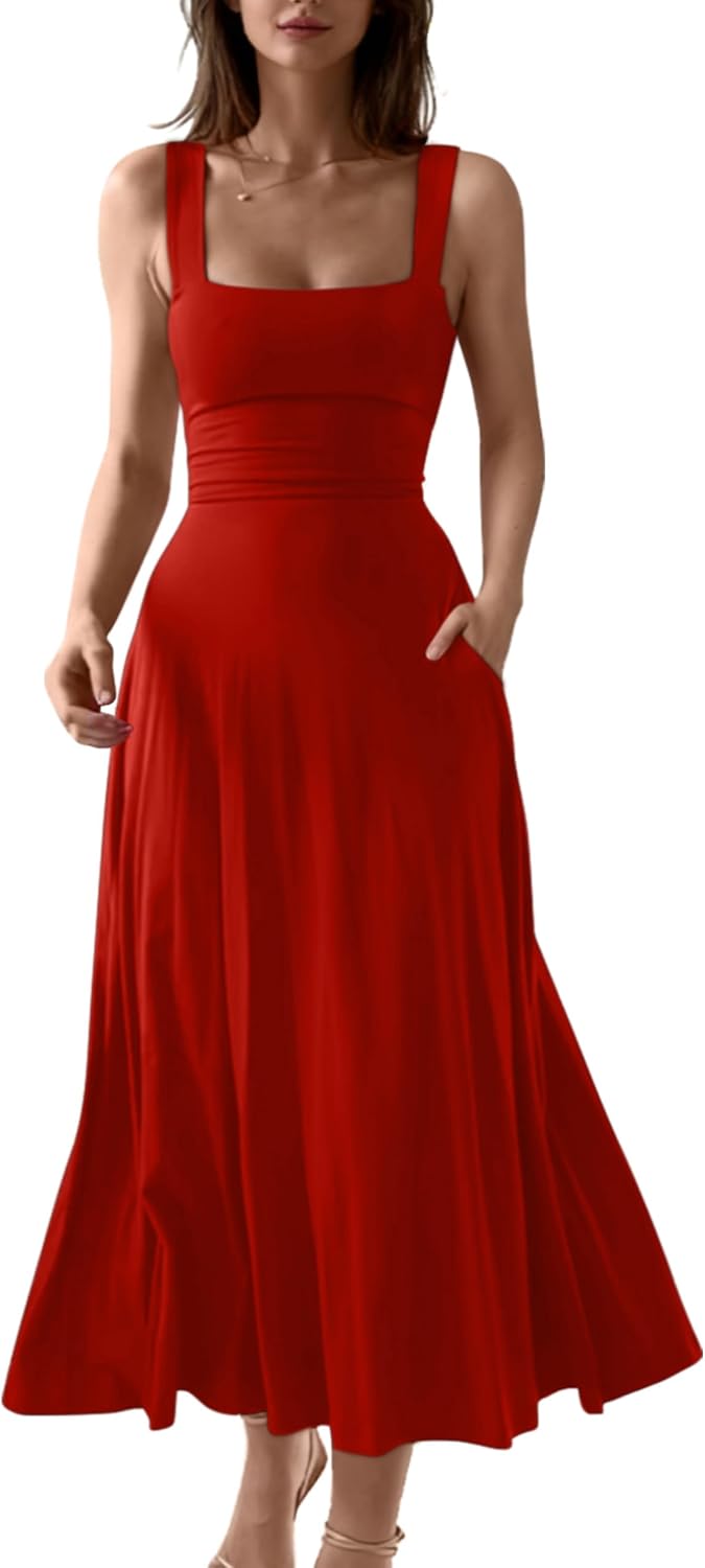 Square-Neck Corset A-Line Maxi Dress with Pockets in Red