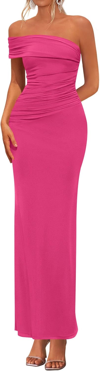One-Shoulder Ruched Bodycon Maxi Dress in Rose Red