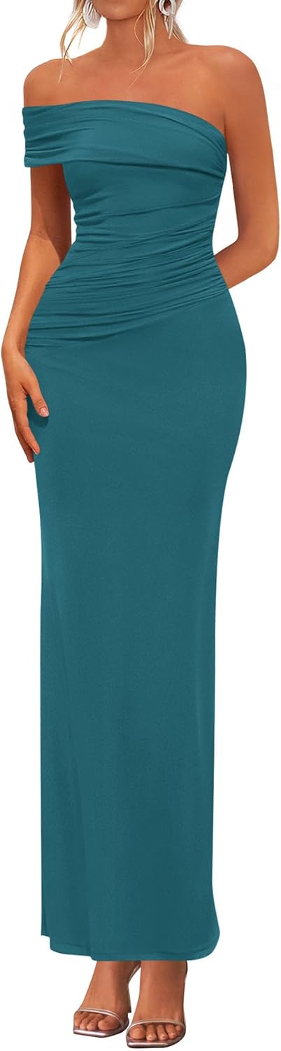One-Shoulder Ruched Bodycon Maxi Dress in Lake Blue