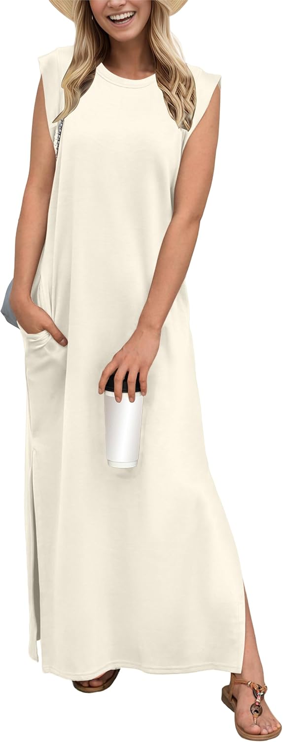 Crew-Neck Loose Maxi Dress with Side Slits and Pockets in Light Apricot