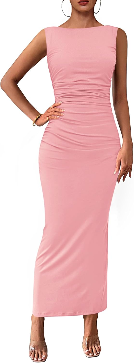 Boat-Neck Ruched Bodycon Midi Dress with Back Slit in Pink