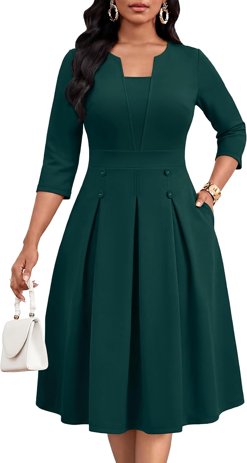 Three-Quarter-Sleeve Fit-and-Flare Midi Dress with Pockets in Green
