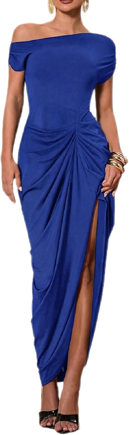 Asymmetric Off-Shoulder Ruched Bodycon Maxi Dress with Slit in Royal Blue