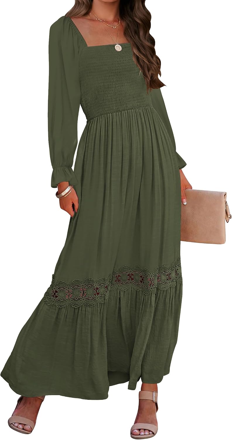 Smocked Square-Neck Long-Sleeve Maxi Dress in Army Green
