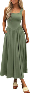 Square-Neck Sleeveless Maxi Sundress with Pockets in Army Green