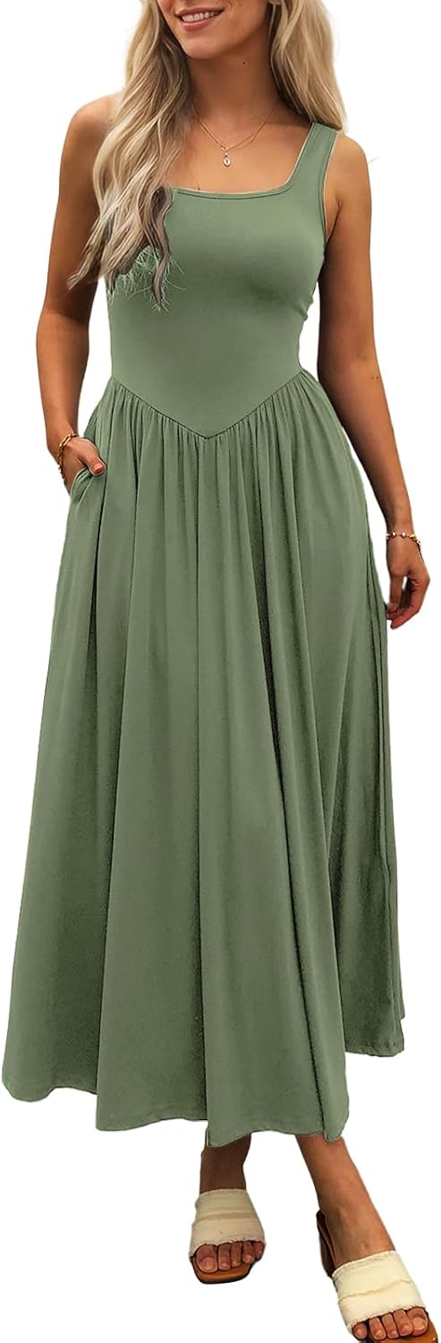 Square-Neck Sleeveless Maxi Sundress with Pockets in Army Green