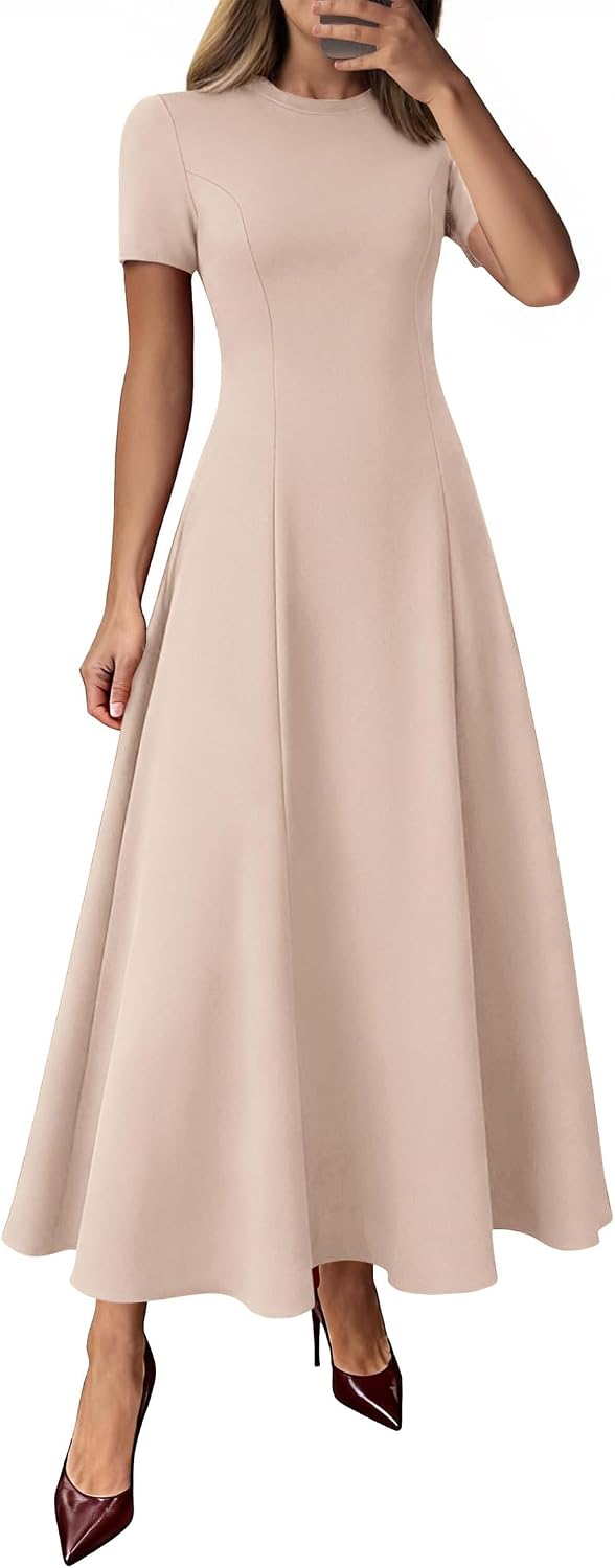 Crew-Neck Pleated Short-Sleeve Maxi Dress in Beige