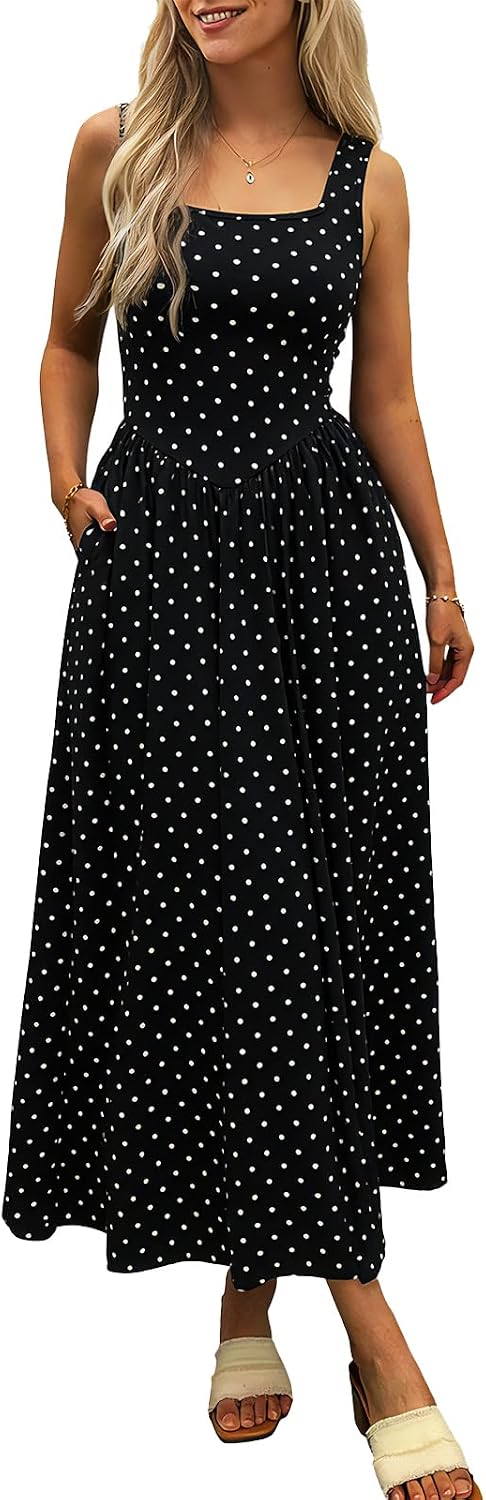 Square-Neck Sleeveless Maxi Sundress with Pockets in Black Polka Dots