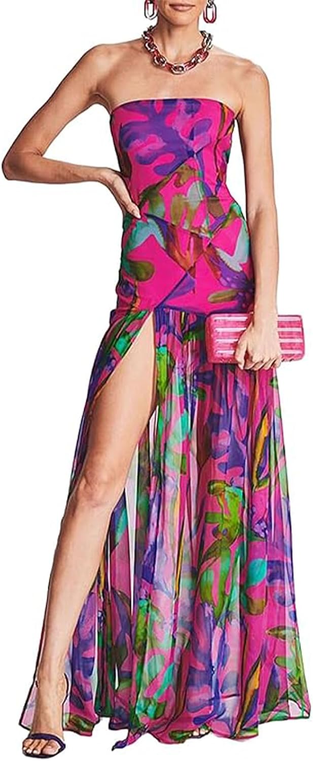 Tiger-Stripe Mesh Strapless Maxi Dress with Slit in Purple