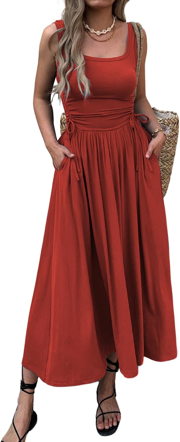 Ruched Adjustable-Waist Sleeveless Maxi Dress with Pockets in Red