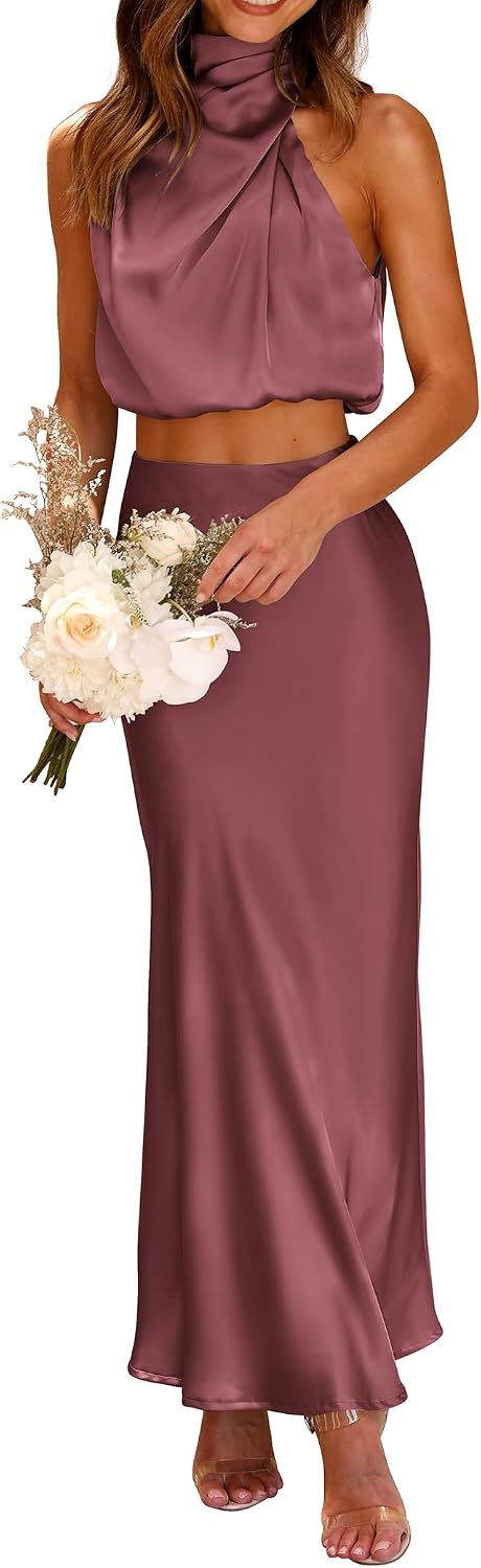 Satin Mock-Neck Crop Top and Maxi Skirt Set in Brick Red